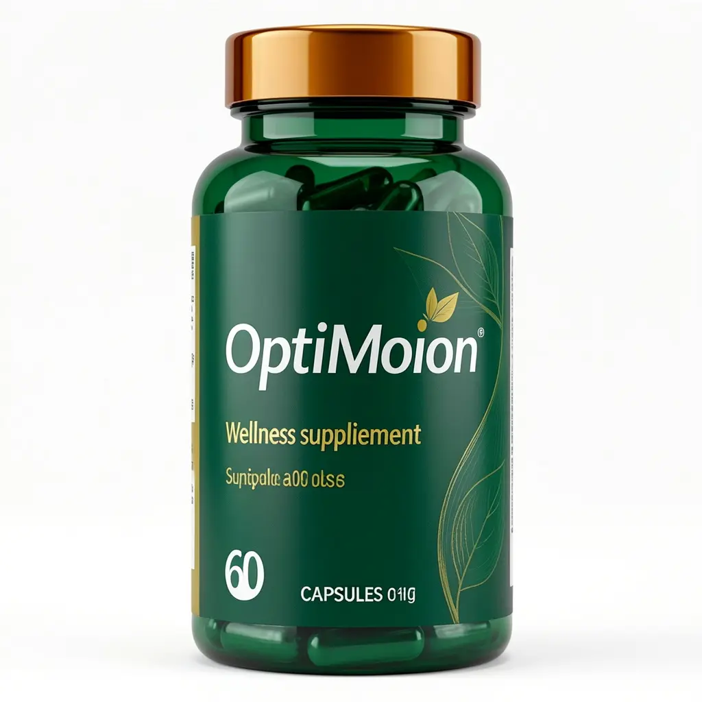 OptiMotion wellness supplement bottle, 60 capsules, deep green with amber cap